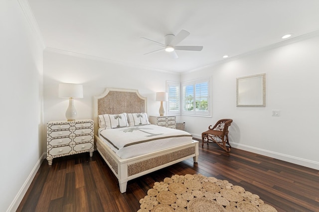 bedroom featuring wood finished floors, crown molding, recessed lighting, and baseboards