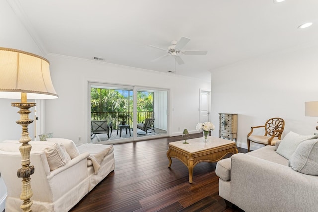 living room featuring dark wood finished floors, recessed lighting, visible vents, a ceiling fan, and crown molding