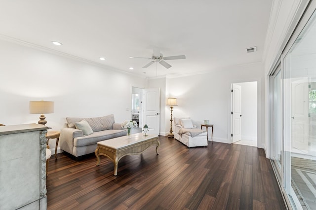 living room with recessed lighting, ceiling fan, dark wood-type flooring, baseboards, and ornamental molding