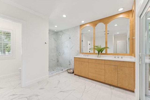 bathroom featuring a sink, double vanity, a marble finish shower, recessed lighting, and marble finish floor