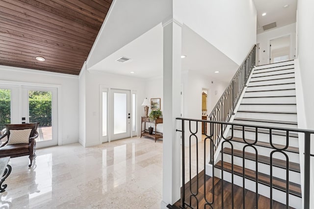 entrance foyer featuring recessed lighting, visible vents, and french doors