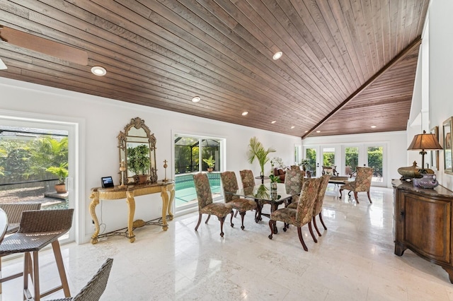 dining room featuring wooden ceiling and recessed lighting