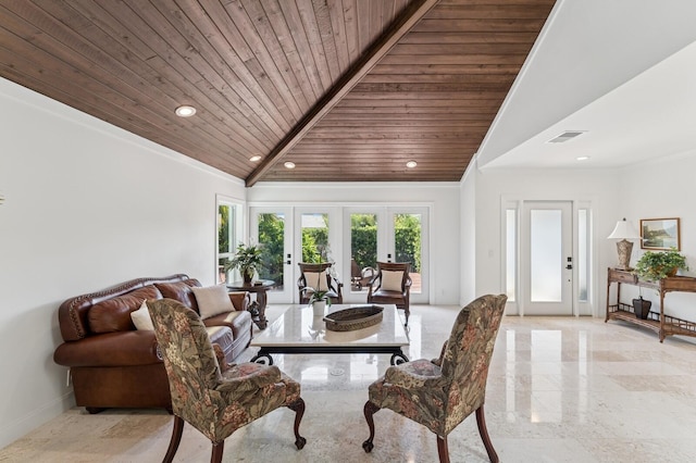 dining area with recessed lighting, wooden ceiling, baseboards, visible vents, and french doors
