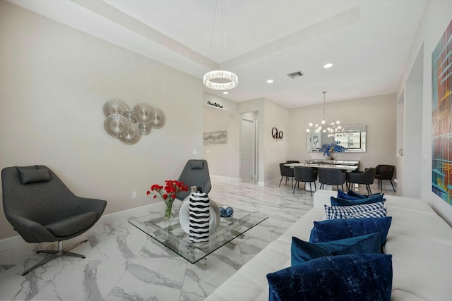 15649 Orchard Dr, Westlake, FL 33470 - living area featuring a notable chandelier, baseboards, recessed lighting, visible vents, and marble finish floor