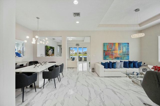 15649 Orchard Dr, Westlake, FL 33470 - living room featuring a chandelier, recessed lighting, visible vents, and marble finish floor