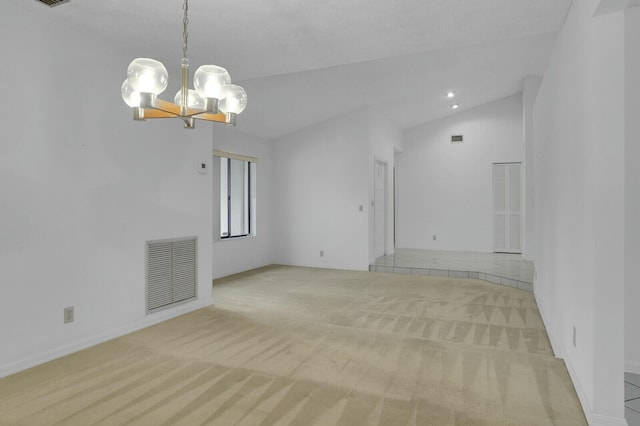 18356 181st Cir S, Boca Raton, FL 33498 - unfurnished room featuring carpet flooring, a notable chandelier, vaulted ceiling, and visible vents