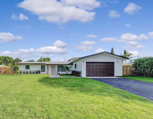 ranch-style home featuring a garage, aphalt driveway, stucco siding, and fence