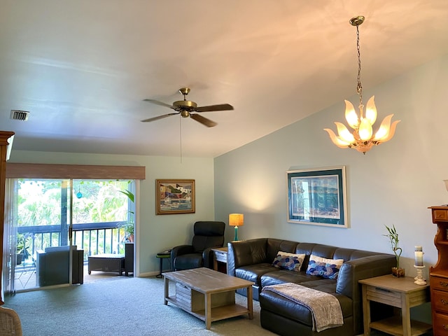10501 SE Croft Ct Unit D-8, Hobe Sound, FL 33455 - living area with carpet, ceiling fan with notable chandelier, baseboards, lofted ceiling, and visible vents