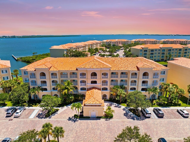 aerial view featuring a water view