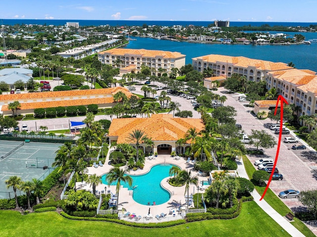 bird's eye view with a water view