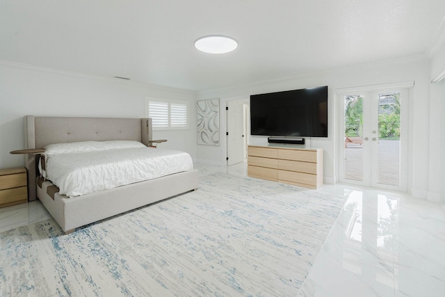 bedroom with ornamental molding, access to outside, french doors, and marble finish floor