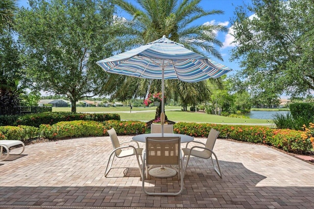 view of patio featuring outdoor dining area and a water view