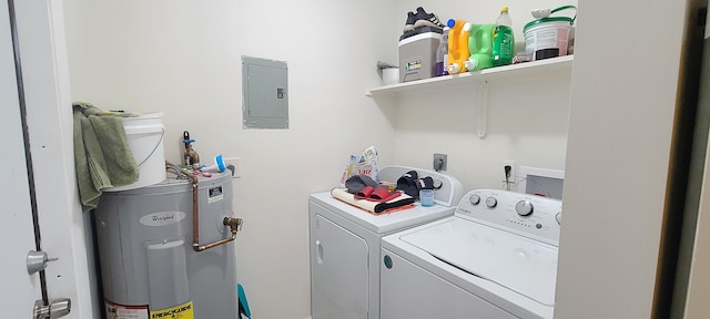 laundry area featuring electric water heater, washing machine and clothes dryer, laundry area, and electric panel