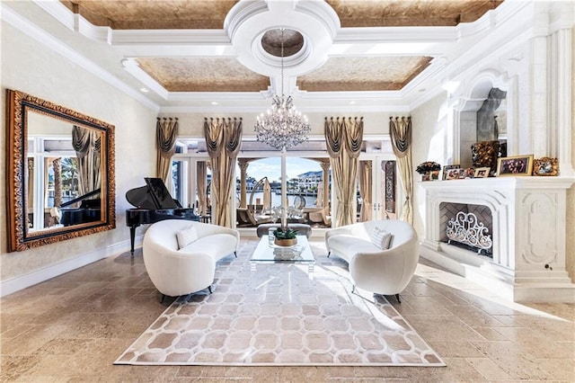 3131 NE 27th Ave, Lighthouse Point, FL 33064 - living area featuring stone tile flooring, ornamental molding, a chandelier, baseboards, and coffered ceiling