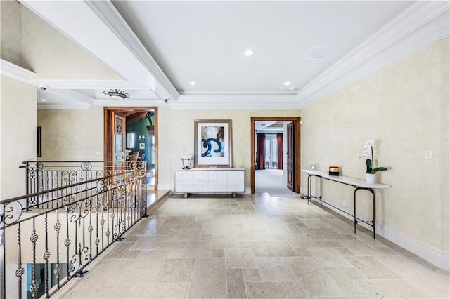 3131 NE 27th Ave, Lighthouse Point, FL 33064 - corridor featuring stone tile floors, crown molding, recessed lighting, baseboards, and an upstairs landing