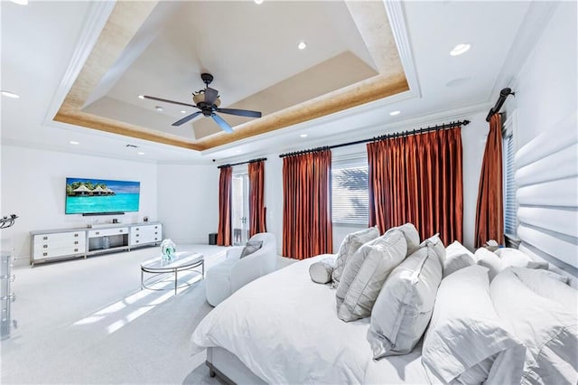3131 NE 27th Ave, Lighthouse Point, FL 33064 - bedroom featuring a tray ceiling, ornamental molding, carpet, recessed lighting, and ceiling fan