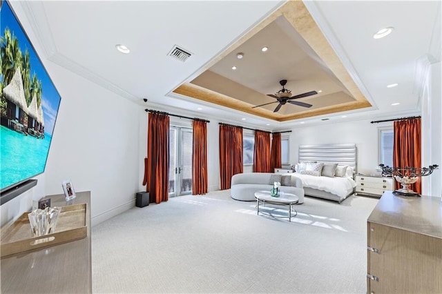 3131 NE 27th Ave, Lighthouse Point, FL 33064 - bedroom with carpet, a raised ceiling, ornamental molding, recessed lighting, and ceiling fan