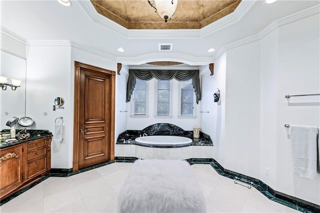 3131 NE 27th Ave, Lighthouse Point, FL 33064 - full bath with a tray ceiling, baseboards, a bath, tile patterned flooring, and ornamental molding