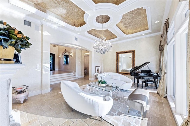 3131 NE 27th Ave, Lighthouse Point, FL 33064 - sitting room with arched walkways, crown molding, stone tile flooring, coffered ceiling, and a chandelier