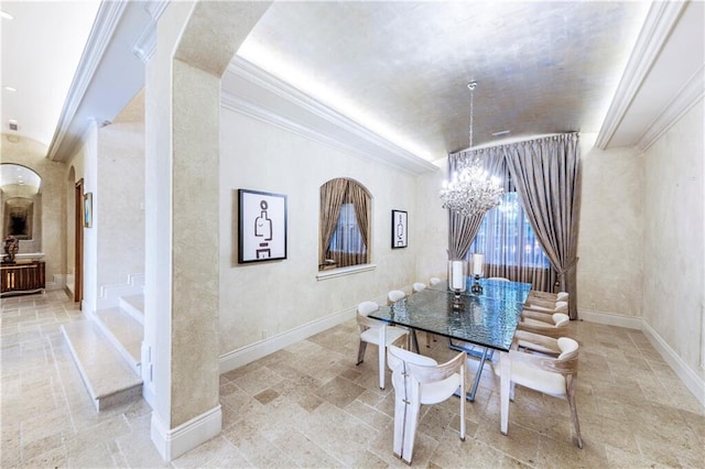 3131 NE 27th Ave, Lighthouse Point, FL 33064 - dining space with a chandelier, arched walkways, crown molding, vaulted ceiling, and baseboards