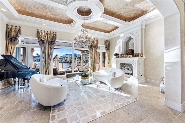 3131 NE 27th Ave, Lighthouse Point, FL 33064 - living area with stone tile flooring, crown molding, baseboards, a chandelier, and a fireplace