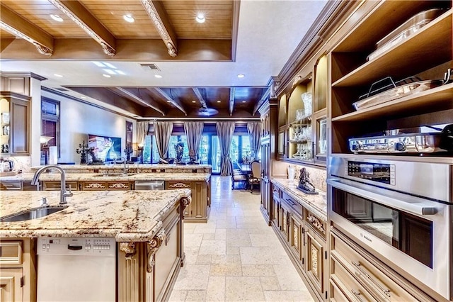 3131 NE 27th Ave, Lighthouse Point, FL 33064 - kitchen featuring stone tile floors, a sink, dishwasher, oven, and wood ceiling with exposed beams