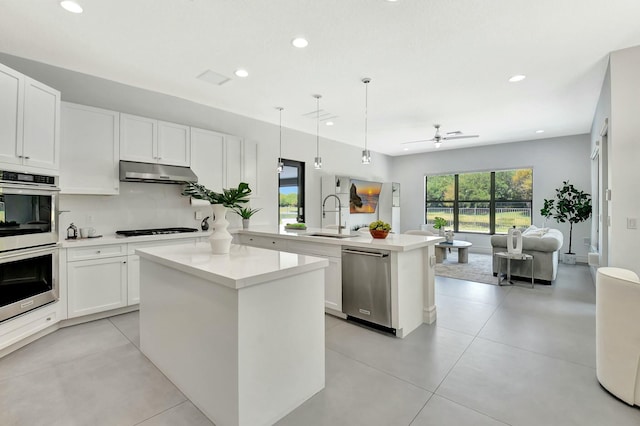 kitchen featuring a peninsula, appliances with stainless steel finishes, under cabinet range hood, a sink, and open floor plan