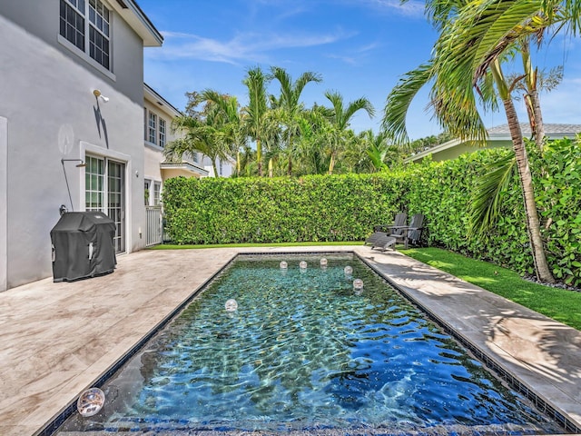 view of pool featuring a patio area, grilling area, a fenced backyard, and a fenced in pool