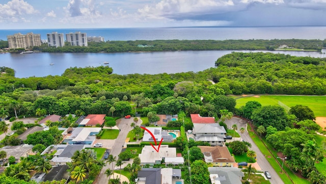 aerial view featuring a water view