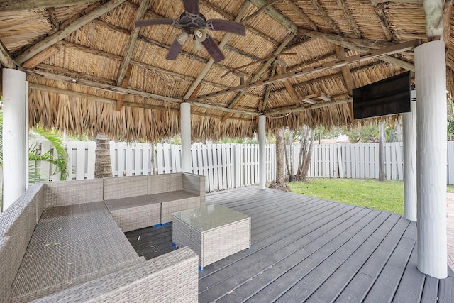 1900 NE 16th Ter, Fort Lauderdale, FL 33305 - deck featuring ceiling fan, fence, a gazebo, and an outdoor living space