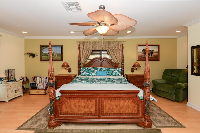 bedroom featuring visible vents, recessed lighting, light wood finished floors, and crown molding