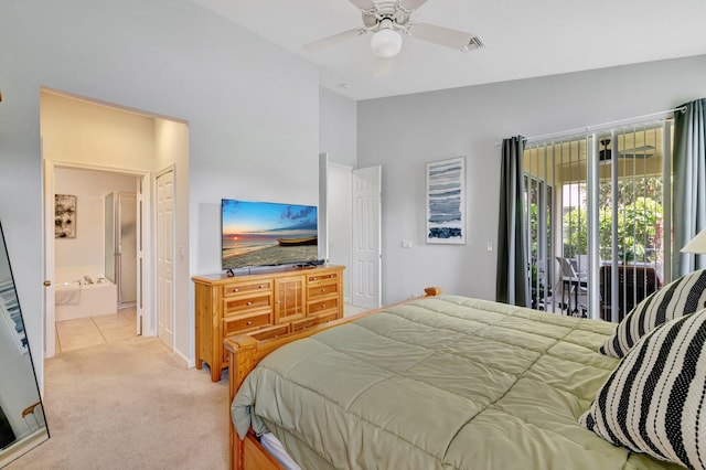 9225 Wentworth Ln, Port Saint Lucie, FL 34986 - bedroom featuring ceiling fan, ensuite bathroom, visible vents, access to exterior, and carpet flooring