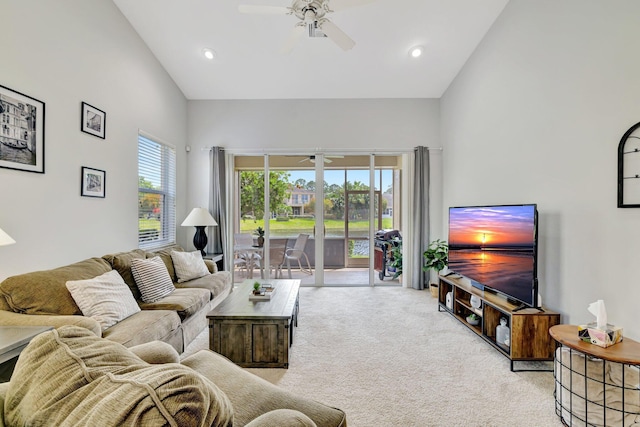 9225 Wentworth Ln, Port Saint Lucie, FL 34986 - living room featuring high vaulted ceiling, carpet flooring, ceiling fan, and recessed lighting