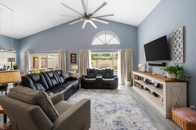 1103 Aviary Rd, Wellington, FL 33414 - living area featuring high vaulted ceiling, wood finished floors, and a ceiling fan