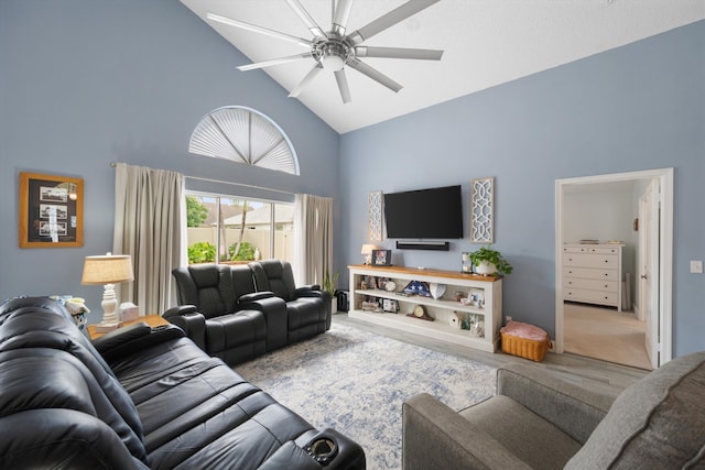 1103 Aviary Rd, Wellington, FL 33414 - living area with wood finished floors, high vaulted ceiling, and ceiling fan