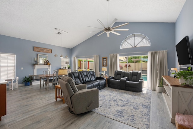 1103 Aviary Rd, Wellington, FL 33414 - living area featuring visible vents, ceiling fan, high vaulted ceiling, and wood finished floors