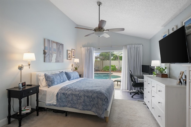 1103 Aviary Rd, Wellington, FL 33414 - bedroom with lofted ceiling, light carpet, a textured ceiling, access to exterior, and ceiling fan