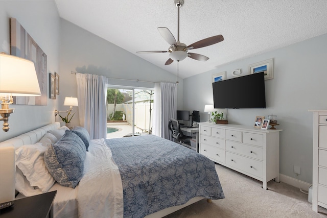 1103 Aviary Rd, Wellington, FL 33414 - bedroom featuring a ceiling fan, a textured ceiling, access to outside, light carpet, and lofted ceiling