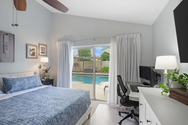 1103 Aviary Rd, Wellington, FL 33414 - bedroom with light carpet, access to exterior, high vaulted ceiling, and a ceiling fan