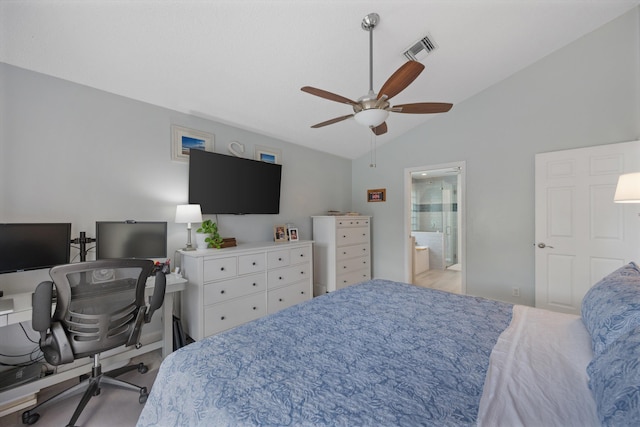 1103 Aviary Rd, Wellington, FL 33414 - bedroom with visible vents, ceiling fan, ensuite bath, and lofted ceiling