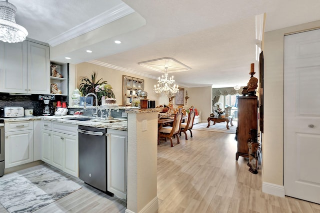 5749 Gemstone Ct Unit 107, Boynton Beach, FL 33437 - kitchen featuring open shelves, dishwasher, an inviting chandelier, a peninsula, and ornamental molding