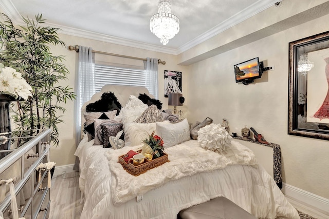 5749 Gemstone Ct Unit 107, Boynton Beach, FL 33437 - bedroom with wood finished floors, baseboards, a notable chandelier, and crown molding