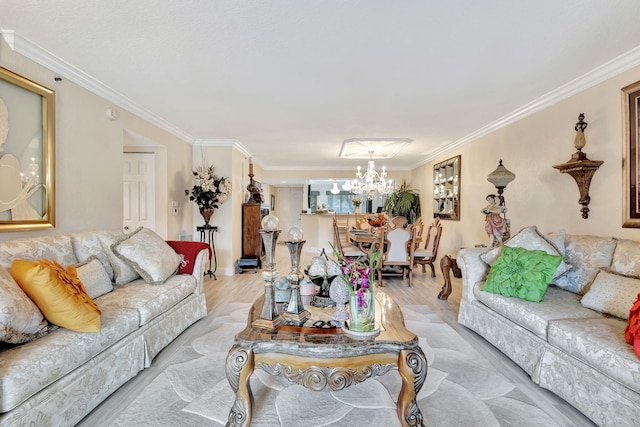 5749 Gemstone Ct Unit 107, Boynton Beach, FL 33437 - living room featuring baseboards, ornamental molding, a chandelier, and light wood-style floors
