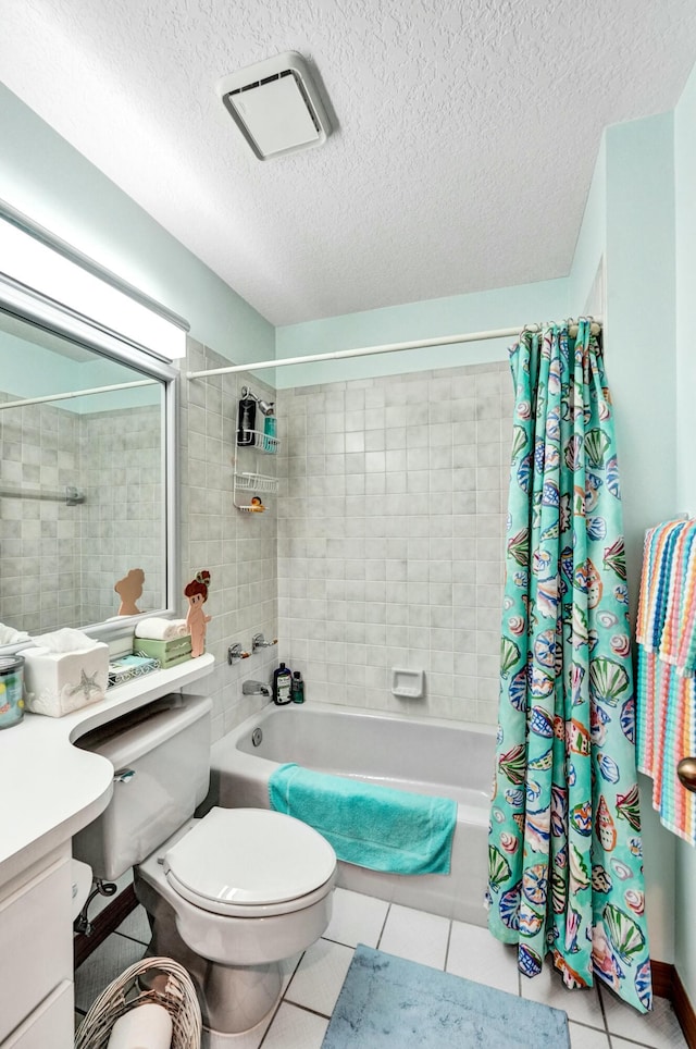 3120 SE Downwinds Rd, Jupiter, FL 33478 - full bathroom featuring a textured ceiling, toilet, shower / bath combination with curtain, vanity, and tile patterned flooring