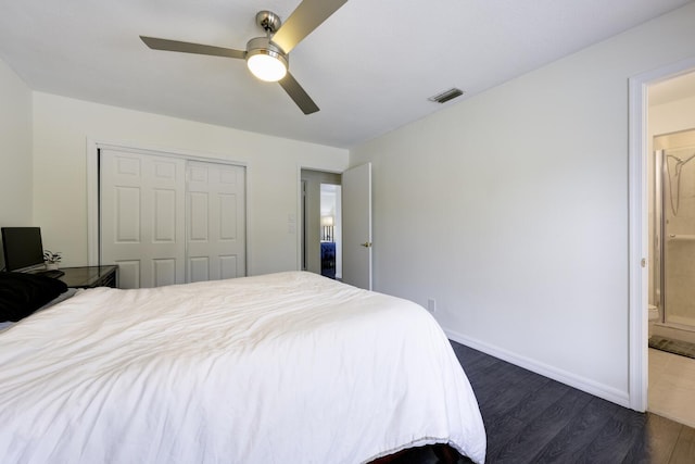 bedroom with dark wood-type flooring, a closet, a ceiling fan, visible vents, and baseboards