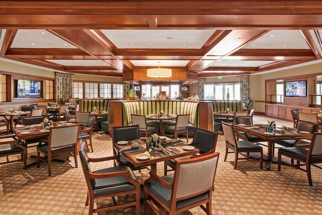 dining room with coffered ceiling, beam ceiling, and carpet floors