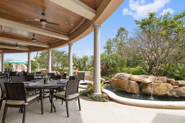 view of patio / terrace with an outdoor hangout area, outdoor dining space, and a ceiling fan