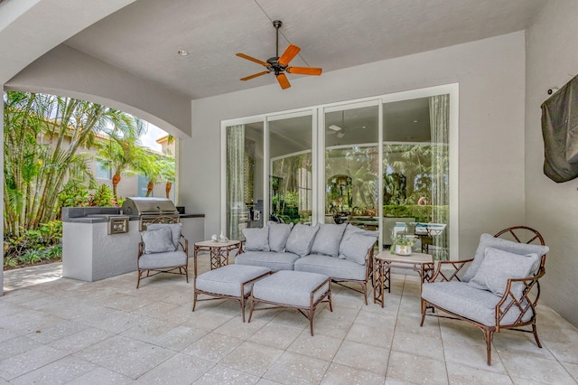 view of patio with a ceiling fan, area for grilling, an outdoor hangout area, and a grill