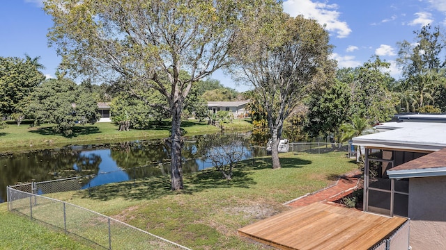 exterior space with a lawn, a water view, and a fenced backyard