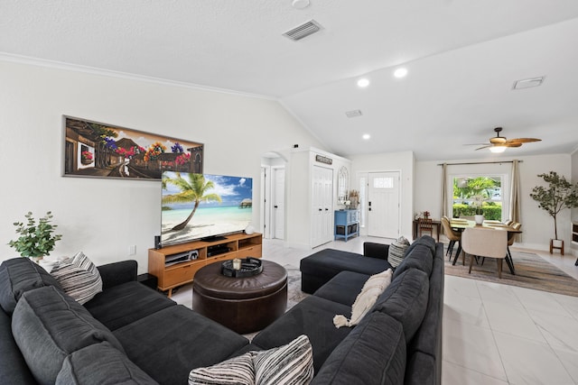 living area featuring visible vents, a ceiling fan, recessed lighting, vaulted ceiling, and marble finish floor